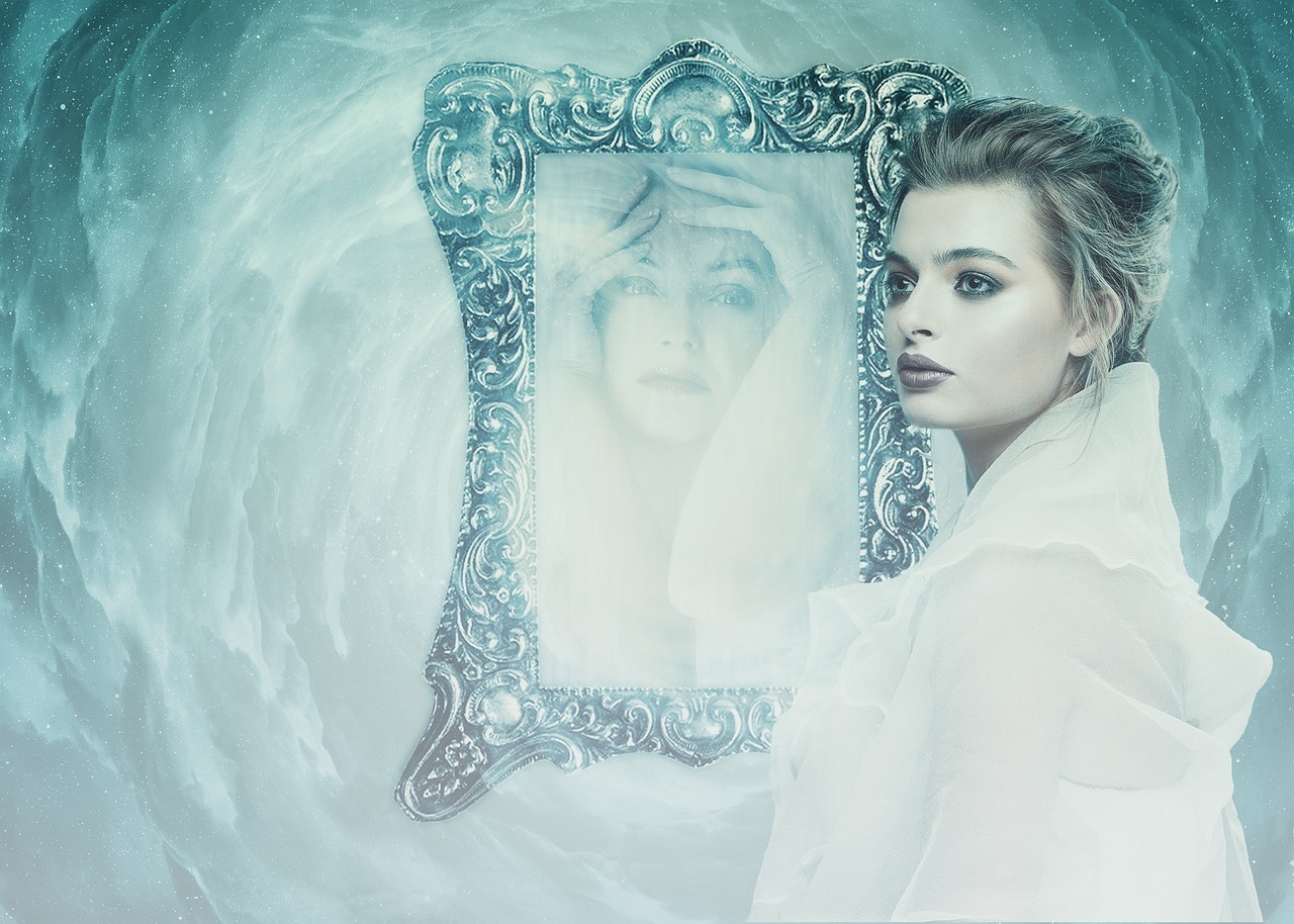 Woman looking into a floating ornate mirror in misty teal light; her reflection shows distress while she turns aside in concern.